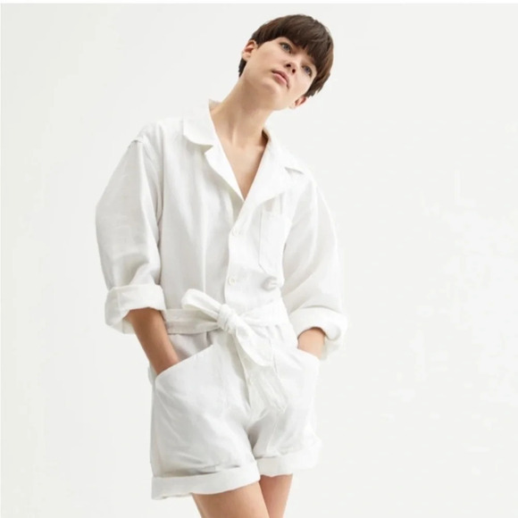 NILI LOTAN White Ariana Tie Front Utility Belted Playsuit Romper XS Cotton Linen - Picture 1 of 15